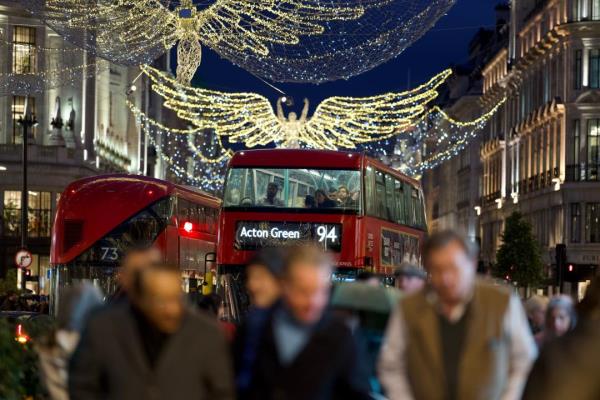 FILE - Christmas lights are displayed on Regent Street in Lo<em></em>ndon on Nov. 24, 2022. The rate of inflation in the U.K. fell sharply in July to a 17-mo<em></em>nth low largely on the back of lower energy prices, official figures showed Wednesday, Aug. 16, 2023, a welcome development for hard-pressed households struggling during the cost of living crisis. (AP Photo/Kin Cheung, File)
