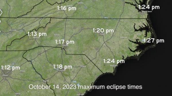 The solar eclipse on October 14, 2023 will be visible earlier the closer you are to the eclipse path as it moves to the south west.