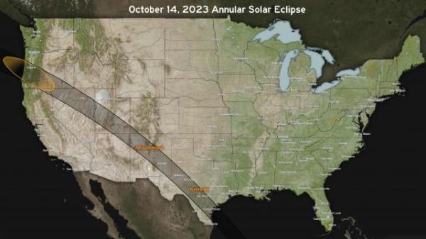 October 14, 2023 Annular Solar Eclipse path.  Image: NASA Scientific Visualization Studio